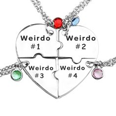 PRICES MAY VARY. Perfect Quartet: Showcase the unique bond among you and your three best friends. Our "Weirdo Crew" necklace set features four heart-shaped necklaces, individually engraved with "Weirdo 1" to "Weirdo 4," celebrating the enduring friendship among the group. Stainless Steel Elegance: Crafted from durable stainless steel, this necklace set not only symbolizes your friendship but also adds a touch of elegance to your look. The high-quality material ensures lasting beauty and a timele Polymer Clay Jewelry Necklace Best Friends, Best Friend Necklaces For 2 Cheap, Matching Necklaces For 2 Best Friends, Cute Necklaces For Bffs, Heart Stopper Necklace, Friendship Necklaces For 2 Kids, Friendship Necklaces For 9, Crystal Bff Necklaces, Black Best Friend Gifts