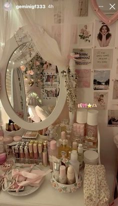 there is a vanity with many items on it