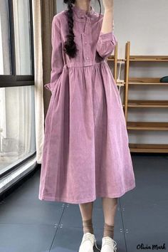 Olivia Mark - Vintage Artistic Collared Buttoned Waist Cinching Monochromatic Corduroy Dress Corduroy Dresses, فستان زهري, Dresses Winter, Dress Dusty, Corduroy Dress, Comfortable Room, Skirt Belt, Mid Length Skirts, Evening Attire