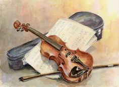 an oil painting of a violin and music sheets