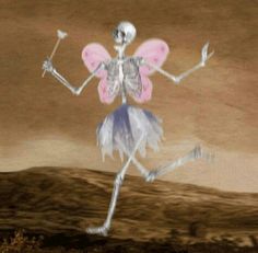 a skeleton dressed as a fairy dancing in the desert with a pink flower on it's back