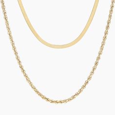 The Artist Herbone and Rope Chain Set - 14K Yellow Gold. This curated, specially priced stack features our Dezi 16 in. Herringbone Necklace and Bailey 18 in. Rope Chain Necklace in a classic, staple set. Lustrous interwoven links form a sleek herringbone pattern while the rope chain provides textural allure. Herringbone Necklace, Stacked Necklaces, Rope Chain Necklace, Brilliant Earth, Herringbone Pattern, Rope Chain, The Artist, Herringbone, Pendant Jewelry