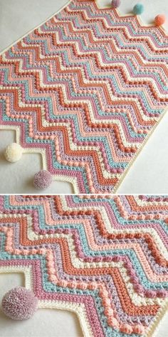 crocheted rugs with pom - poms on the bottom and in the middle