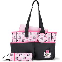 minnie mouse tote bag with matching purse and pencil case for girls, pink / black