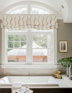 a bath tub sitting under a large window next to a potted plant in a bathroom