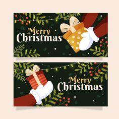 two christmas banners with presents on them