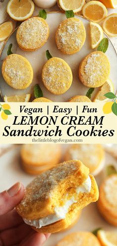 lemon cream sandwich cookies on a plate with lemons in the background and text overlay that reads vegan easy fun lemon cream sandwich cookies