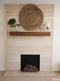 a living room with a fire place and wooden paneling on the fireplace mantel