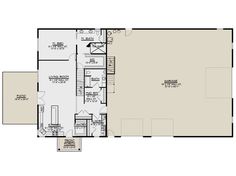 the first floor plan for a home with two separate living areas and an attached garage