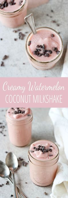 two glasses filled with creamy watermelon coconut milkshake and topped with chocolate chips