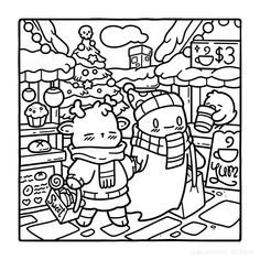 a black and white drawing of two cartoon characters in a store with christmas decorations on the wall