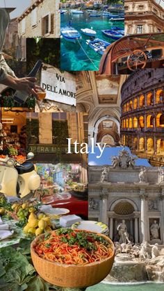 the collage has many different pictures including buildings, food and people in italy on it