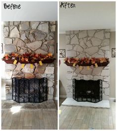 before and after pictures of a fireplace with stone work on the mantel, showing how it looks like