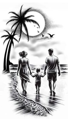 a family walking down the beach holding hands