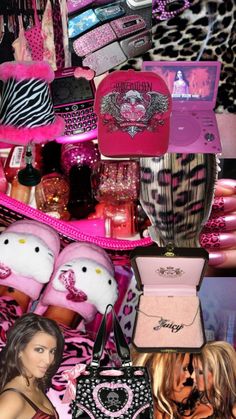 a shelf filled with lots of pink and black items