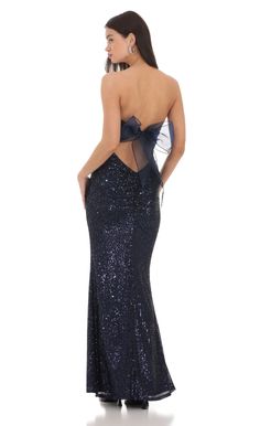 Sequin Strapless Maxi Dress in Navy Winter Ball Dresses, Dark Green Prom Dresses, Prom Dresses Sparkly, Sparkly Wedding Dress, Long Blue Dress, Dark Blue Dress, Lucy In The Sky, Prom Style, Prom Dress Inspiration