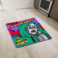 a star wars rug with a cartoon character on it in the middle of a kitchen