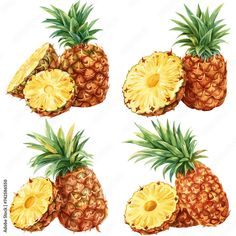 four pineapples with slices cut in half