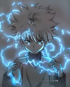 an anime character with white hair and blue eyes is surrounded by lightnings in the background