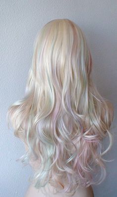 Platinum Blonde With Color Highlights, White Hair With Pink Streaks, Platinum Blonde With Pastel Highlights, Blonde Hair Pastel Highlights, Platinum Blonde With Pink Highlights, Platinum Blonde Hair With Pink Highlight, Pastel Hair Highlights, Blonde With Pink Highlights, Curly Half Wig