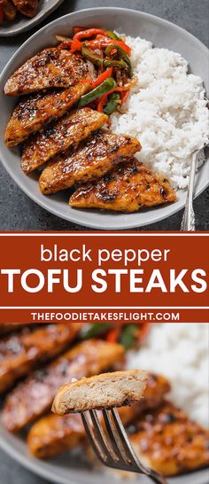 black pepper tofu steaks on a plate with rice