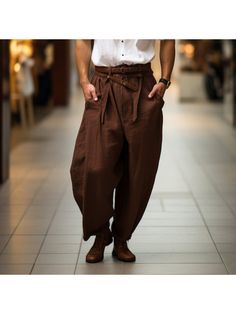 Men Linen Pants, Men's Oversized Breathable Loose Linen Casual Pants Baggy Brown Harem Pants With Pockets, Baggy Brown Ankle Pants, Brown Relaxed Fit Harem Pants With Tapered Leg, Brown Tapered Leg Harem Pants With Relaxed Fit, Brown Baggy Tapered Leg Harem Pants, Brown Baggy Straight Leg Parachute Pants, Baggy Brown Cargo Pants For Summer, Brown Relaxed Fit Parachute Trousers, Brown Relaxed Fit Parachute Pants