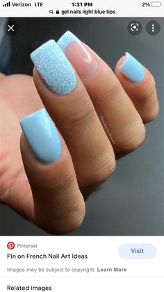 Blue Maternity Nails, Cute Blue Gel Nails, Nail Art Designs Light Blue, Medium Square Dip Nails, Light Blue And Sparkle Nails, January Birthday Nails 2023, Cute Gel Nails For Summer Simple, Sky Blue Prom Nails, Maternity Nails Designs