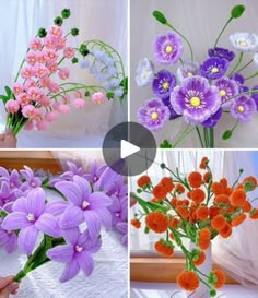 four pictures of different types of flowers in vases, with the same color and size