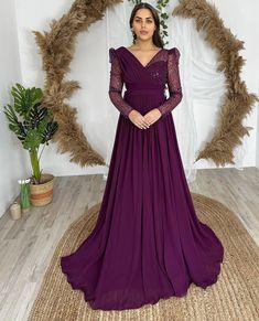 Purple Simple Gown, Gowns For Bridesmaids Indian, Gown For Marriage Function, Zapheira Dress, Gorgette Gowns Western, Full Sleeve Gowns Indian, Full Frock Designs For Women Wedding, Designer Sleeves For Gowns, One Piece Long Dress Design