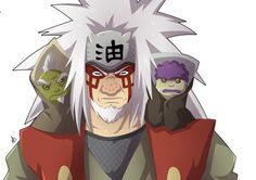 an anime character with white hair and two other characters wearing red, green and purple