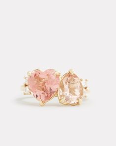 18K Yellow Gold Pink Tourmaline Heart and Morganite Pear Shape Ring with Diamonds, .2 TCWOrnament is 7/8 Inch x 3/8 Inch Style# YRHPPMW Light Pink Diamond Ring, Elegant Double Heart Pink Rings, Heart-shaped Multi-stone Wedding Rings, Wedding Multi-stone Heart Rings, Elegant Multi-stone Heart-shaped Rings, Elegant Multi-stone Heart Rings, Pear Shape Ring, Morganite Jewelry, Pear Shaped Ring