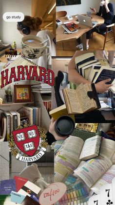 a collage of photos with books and other items