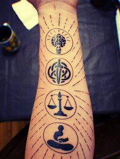 a person's arm with four different symbols on it