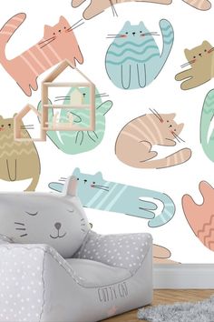 an animal themed wallpaper with cats in pastel colors on the walls and floor