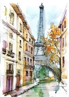 the eiffel tower in paris, france is painted with watercolor and ink