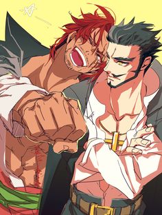 two anime characters one with red hair and the other without his shirt is pointing at something