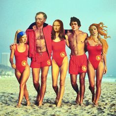 a group of people standing on top of a beach next to each other wearing red swimsuits