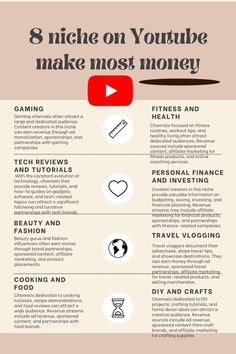 an info sheet with the words 8 niches on youtube to make most money