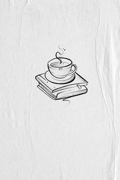 a drawing of a stack of books with a tea cup on top