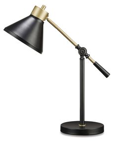 a black and gold desk lamp with an arm on the base, one light is turned on