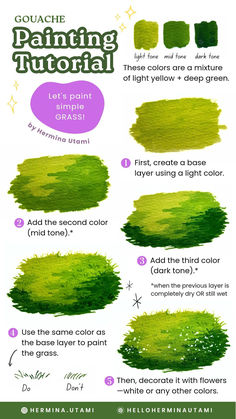 Gouache Painting Tutorial Grass Painting Tutorial Acrylic, Easy Gouache Tutorial, Gouache Reference Photo, Watercolor Acrylic Painting, Gouache Portrait Tutorial, How To Paint Plants, Go Green Drawing, Simple Oil Pastel Art, Gouache Reference