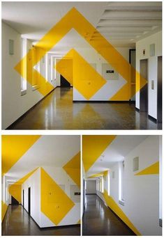 yellow and white geometric design on the wall in an office building, with multiple photos