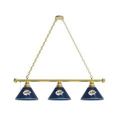 three light brass and blue glass billiard style pool table lamp with chain hanging from the ceiling