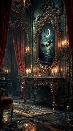 Gothic Powder Room Ideas: Mirrors, Velvet, and Candlelit Ambiance Mythical Art, Powder Room Ideas, Velvet Drapes, Ornate Mirror, Gothic Design