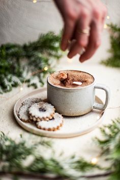 a cup of hot chocolate and some cookies on a plate