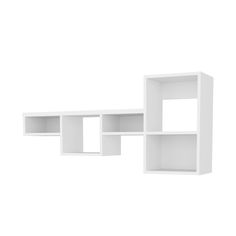 three white shelves with one open and the other closed on each side, against a white background