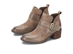 Born Royce - Women's Boots : Taupe : B&amp,#248,rn's low-heeled boot, accentuated by a chic side buckle, adds a touch of sophistication to this versatile and comfortable footwear choice. Crafted from a hand-finished full grain leather upper, breathable soft fabric suede lining, and a soft fabric suede covered footbed with extra foam for added comfort. Opanka hand-crafted construction. Round toe silhouette. Pull tab in back for easy on and off access. Block heel. High traction lightweight rubber outsole with Leawood wrapped heel. Imported. Comfortable Footwear, Low Heel Boots, Wrap Heels, Suede Ankle Boots, Royce, Pull Tab, Low Heels, Full Grain Leather, Ankle Booties