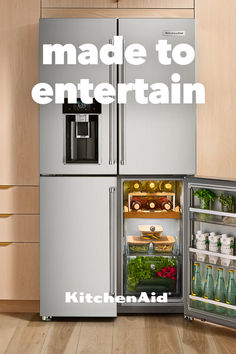 a refrigerator with its door open and the words made to entertain