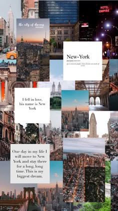 the new york city skyline is shown in this collage with many different pictures and words