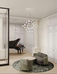 a living room filled with furniture and a grand piano